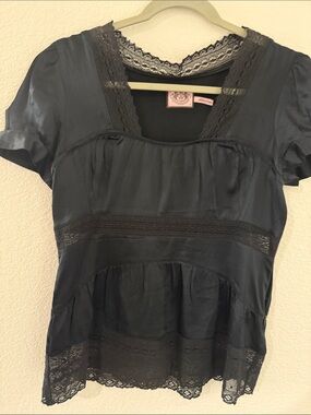 Juicy Couture Black Lace-Trim Satin Blouse